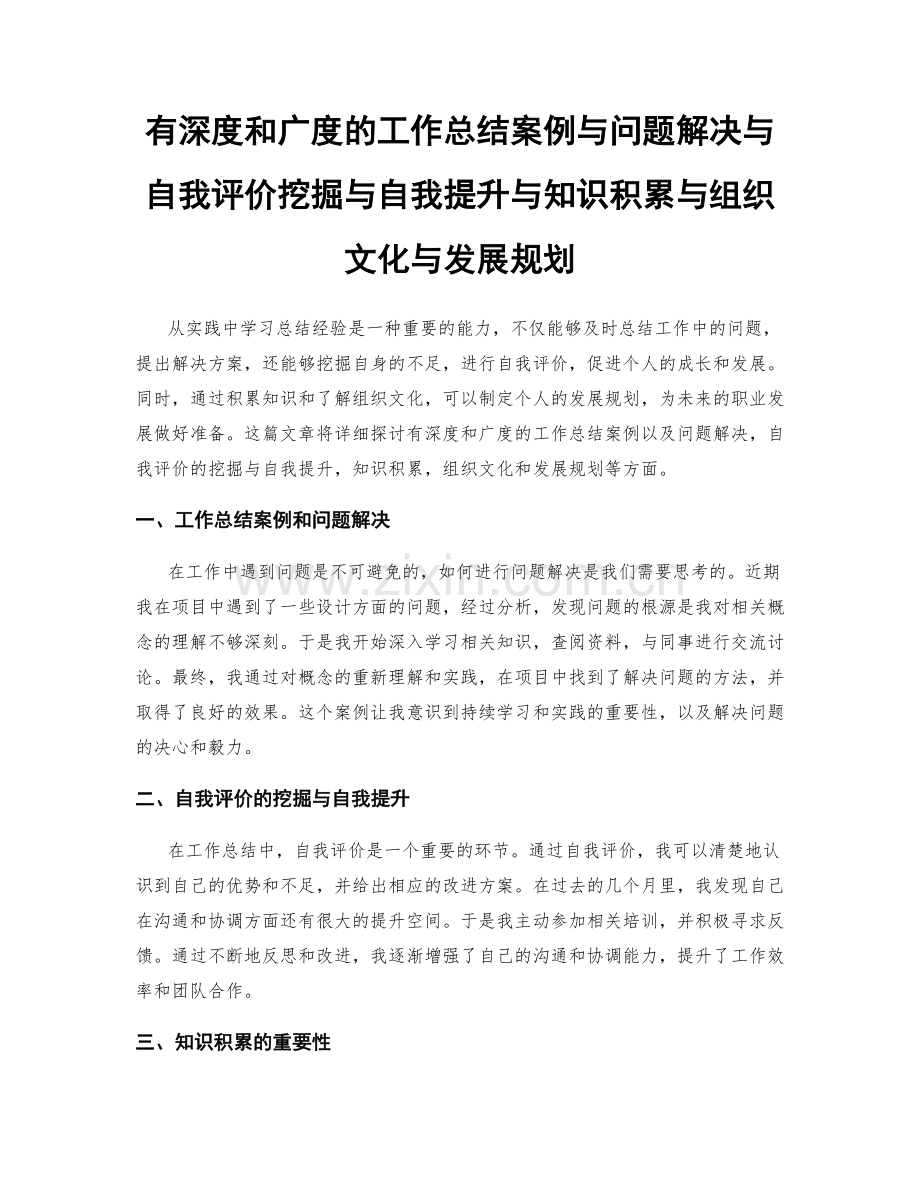 有深度和广度的工作总结案例与问题解决与自我评价挖掘与自我提升与知识积累与组织文化与发展规划.docx_第1页