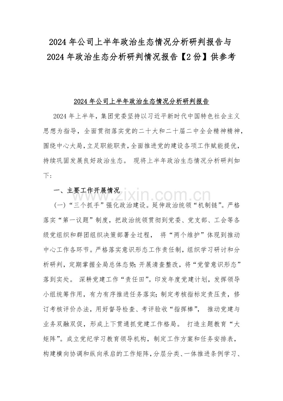2024年公司上半年政治生态情况分析研判报告与2024年政治生态分析研判情况报告【2份】供参考.docx_第1页
