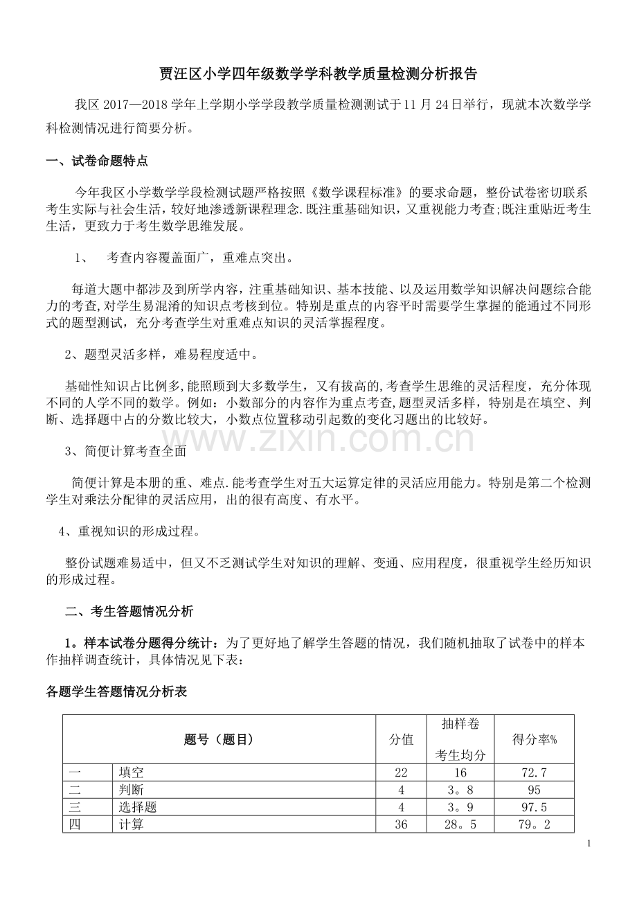小学四年级数学学科教学质量检测分析报告.doc_第1页