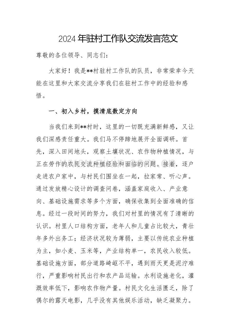 2024年驻村工作队交流发言范文.docx_第1页