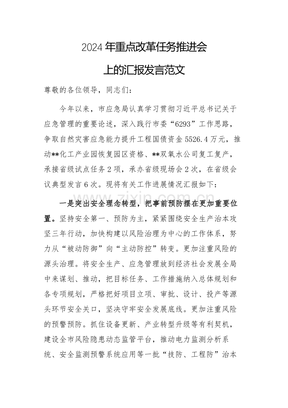 2024年重点改革任务推进会上的汇报发言范文.docx_第1页