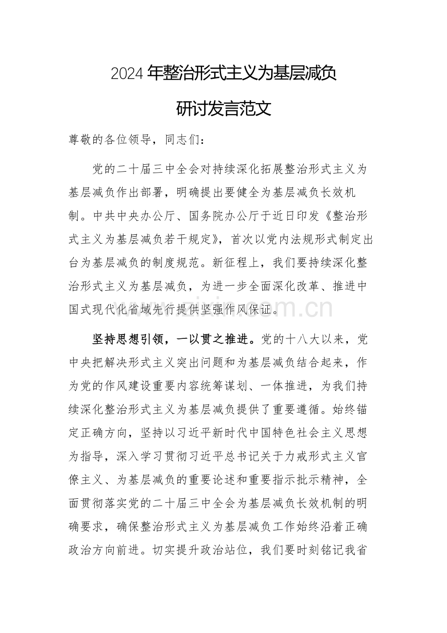 2024年整治形式主义为基层减负研讨发言范文.docx_第1页