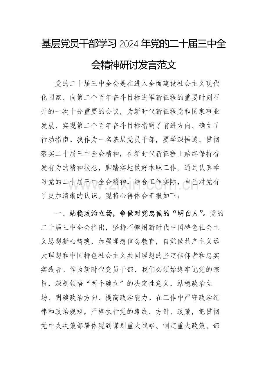 基层党员干部学习2024年党的二十届三中全会精神研讨发言范文.docx_第1页