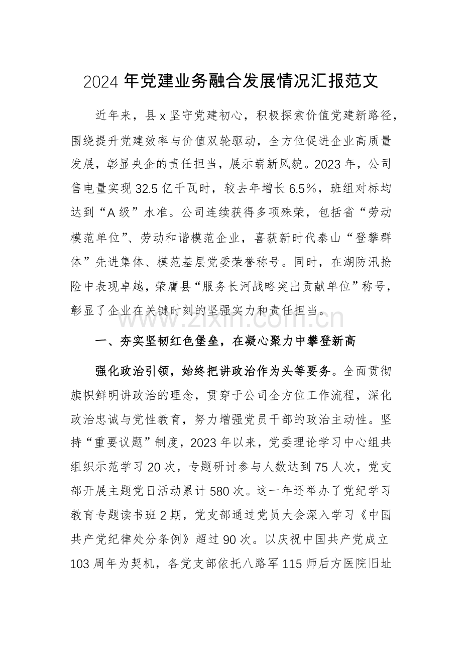 2024年党建业务融合发展情况汇报范文.docx_第1页