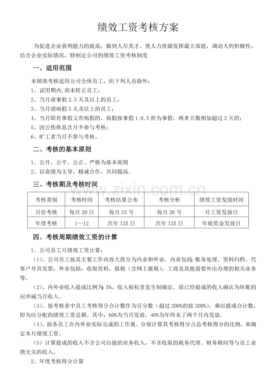 代理记账公司绩效工资考核方案.docx_第1页