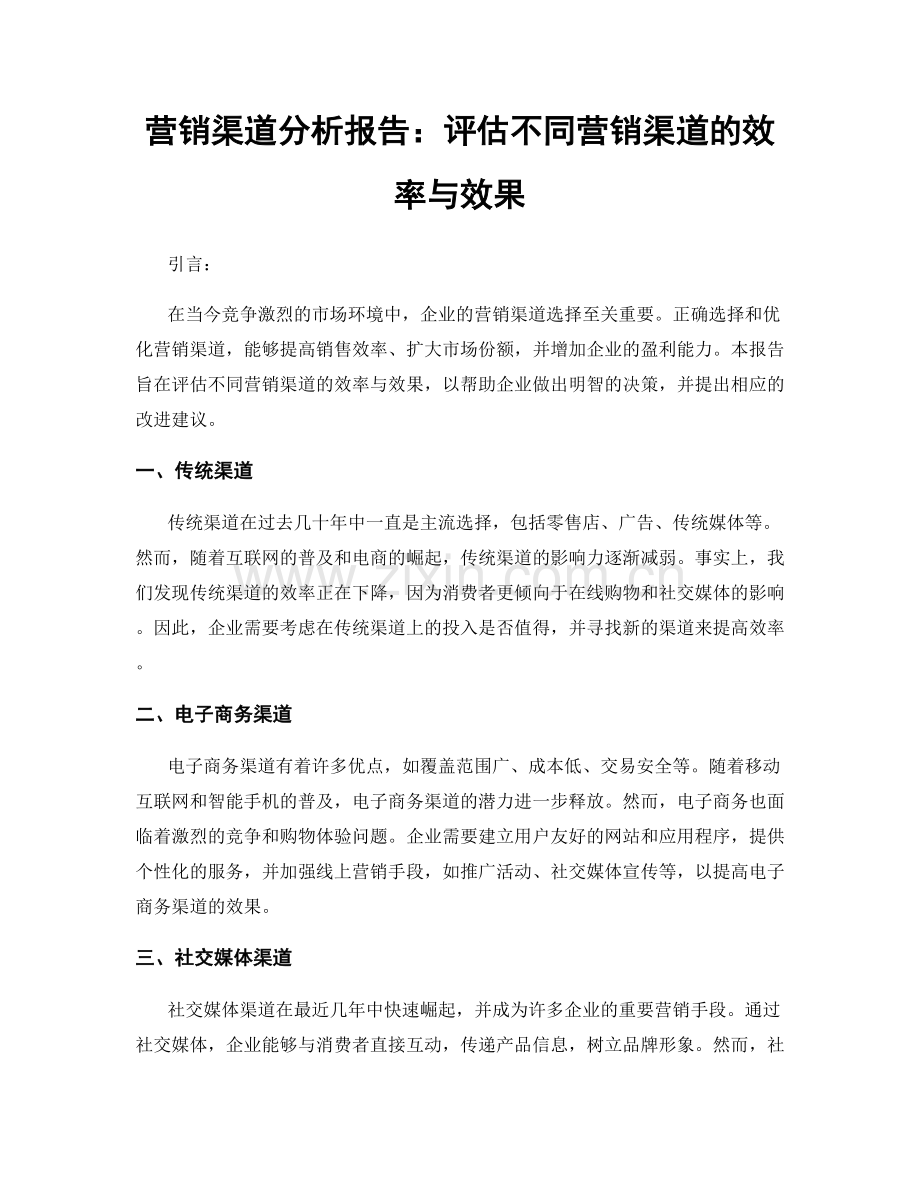 营销渠道分析报告：评估不同营销渠道的效率与效果.docx_第1页