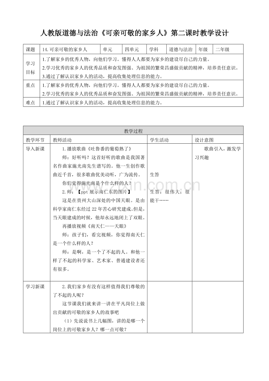 部编人教版道德与法制社会二年级上册：第十五课可亲可敬的家乡人第二课时教案.doc_第1页