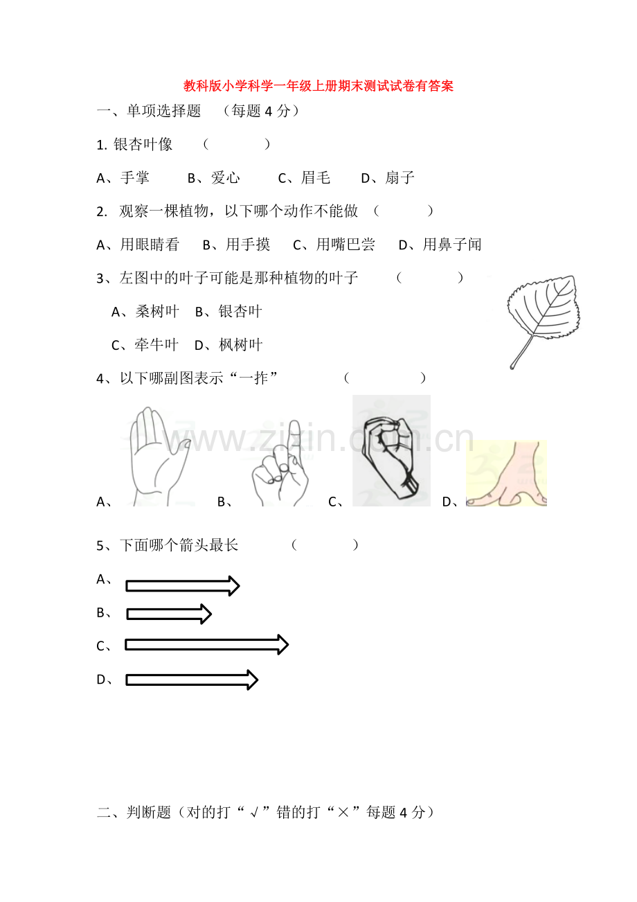 教科版小学科学一年级上册期末测试试卷有答案.doc_第1页