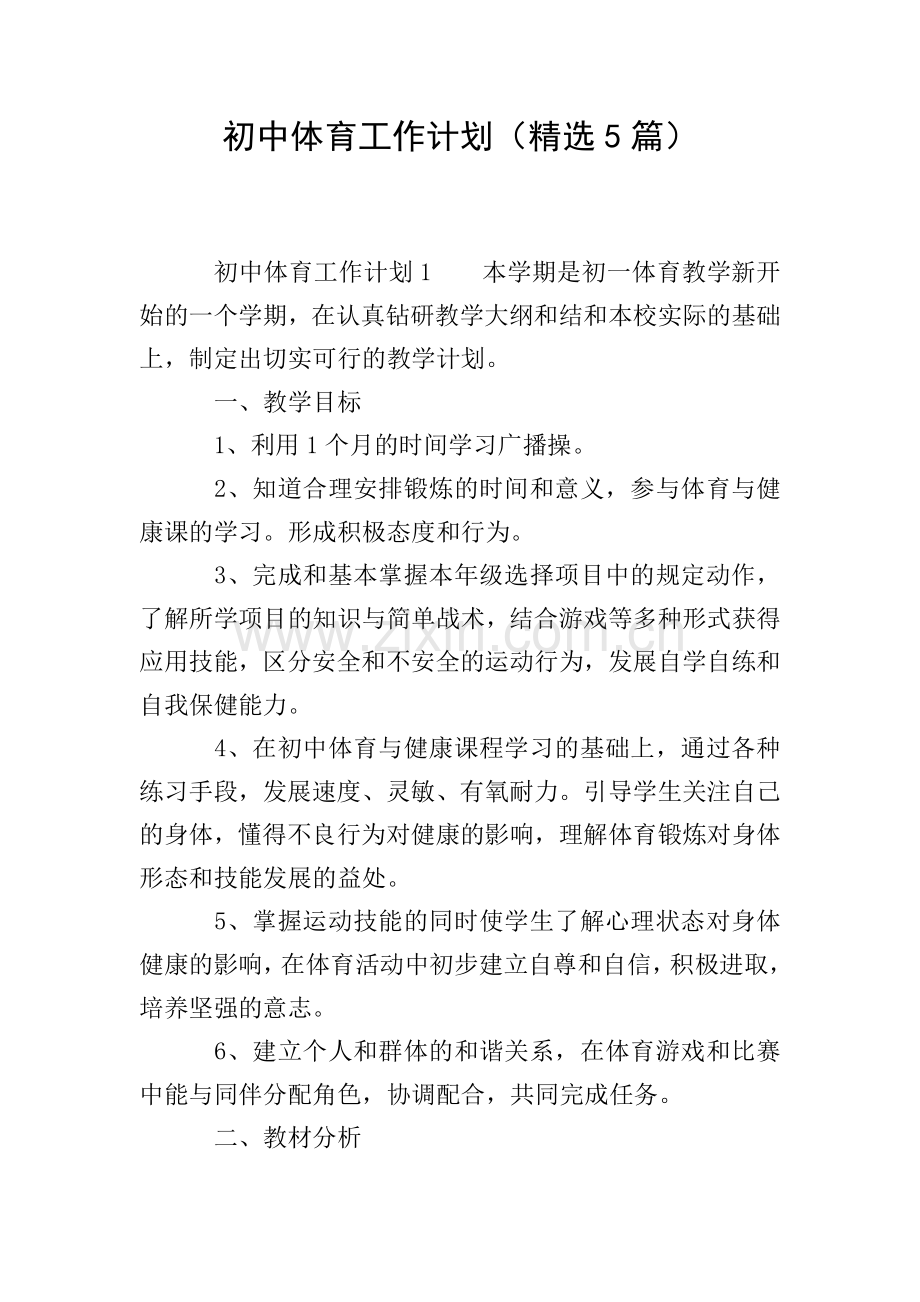初中体育工作计划(5篇).doc_第1页