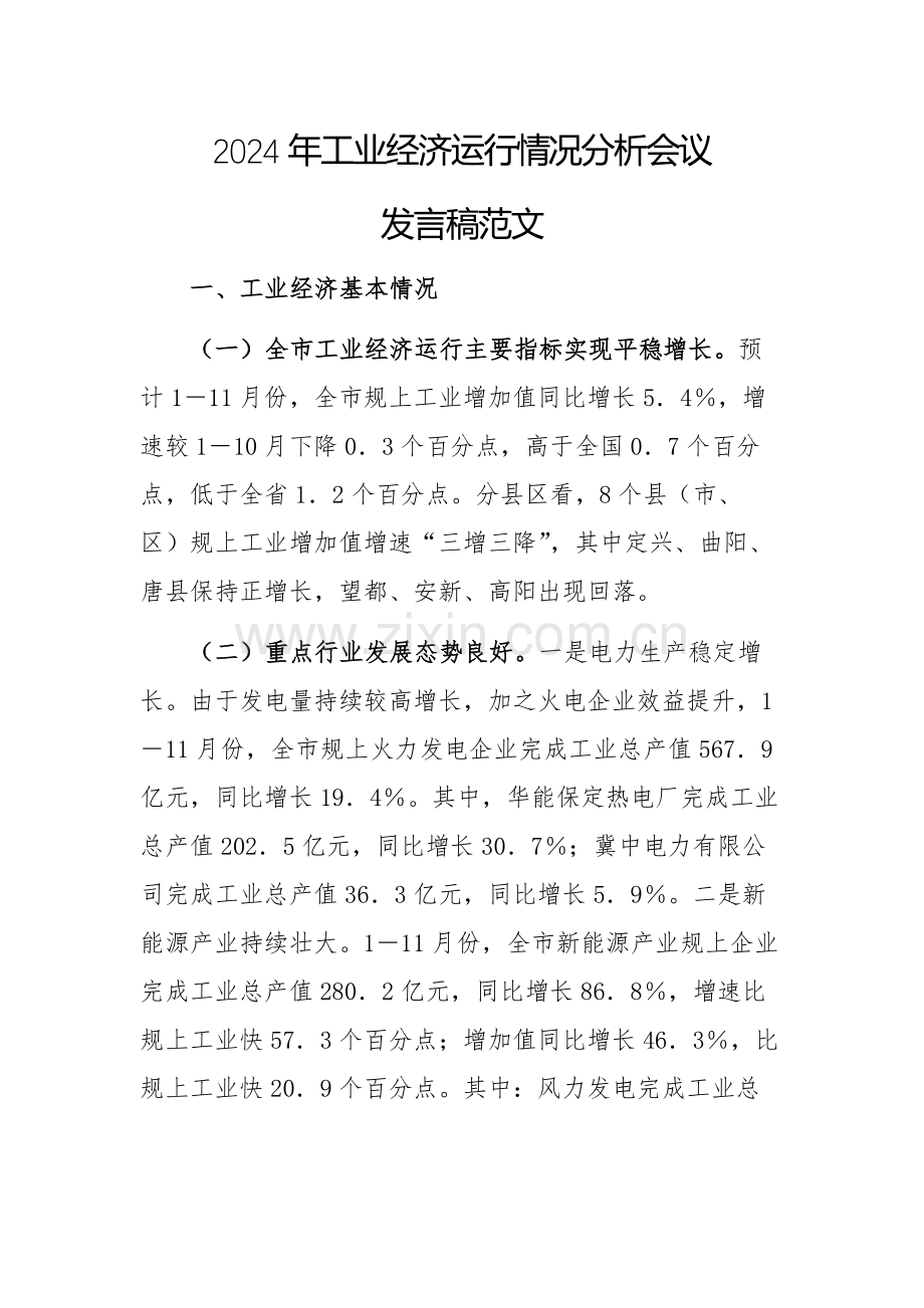 2024年工业经济运行情况分析会议发言稿范文.docx_第1页