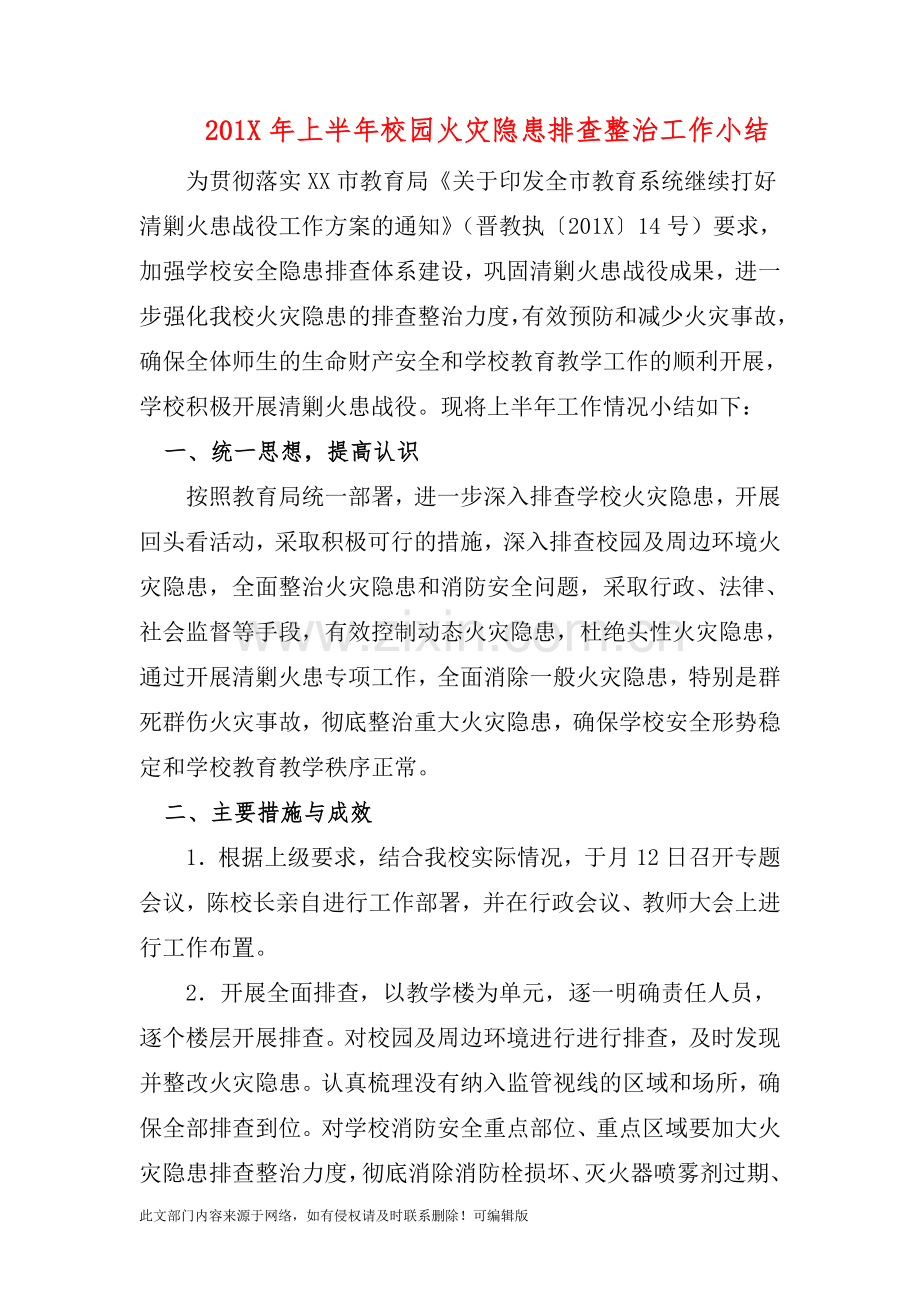 201X年上半年校园火灾隐患排查整治工作小结.doc_第1页