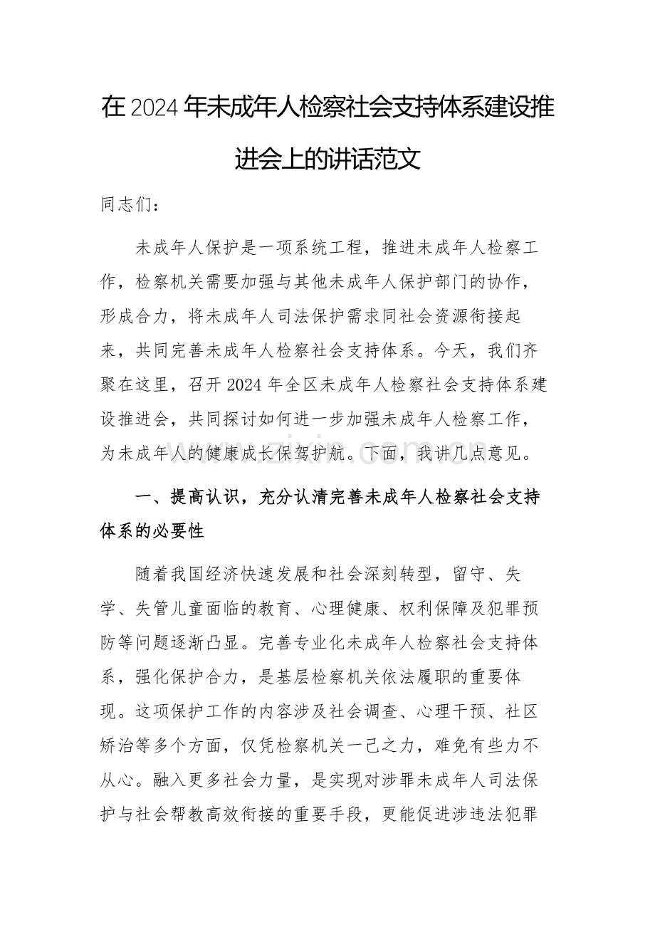 在2024年未成年人检察社会支持体系建设推进会上的讲话范文.docx_第1页