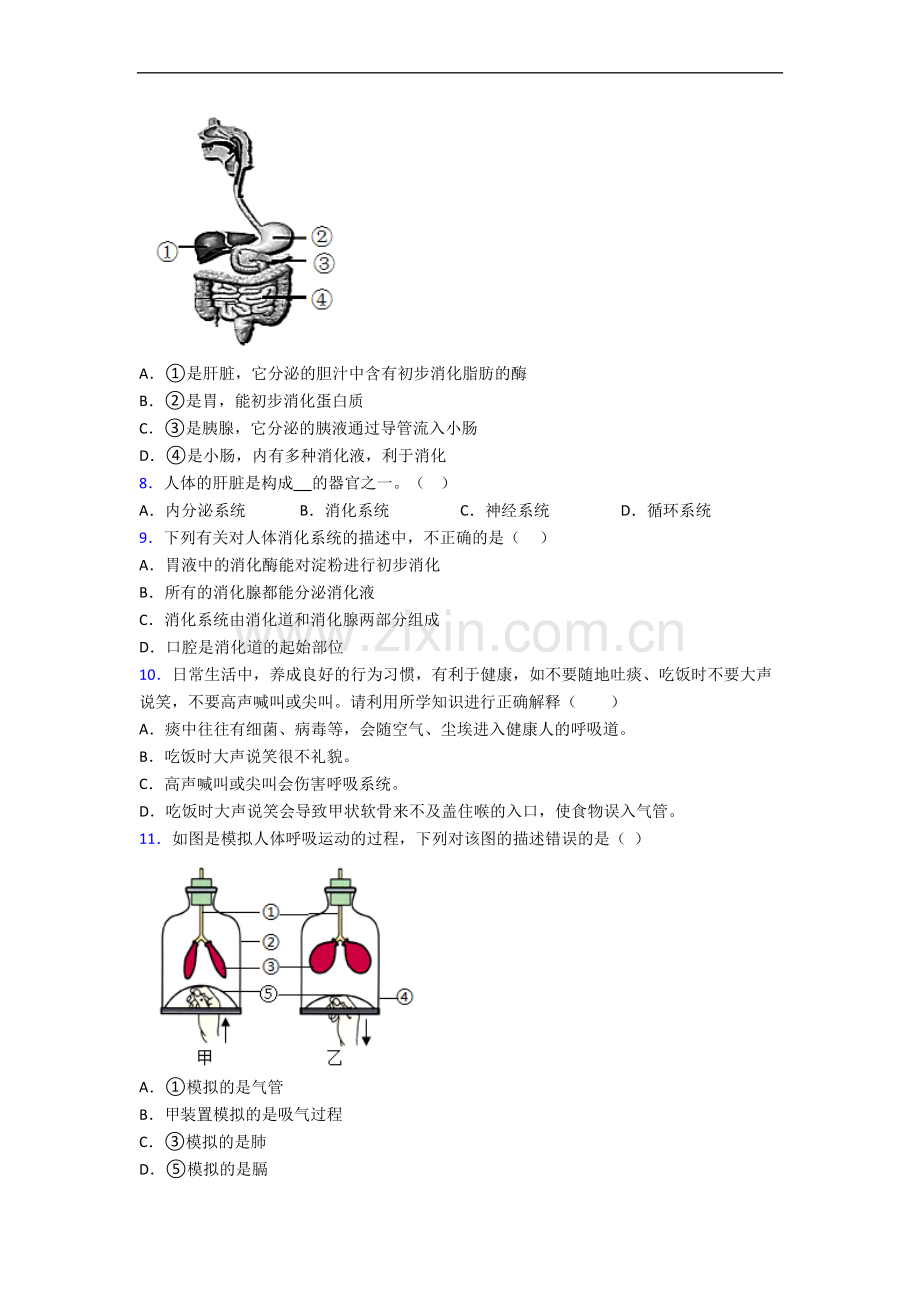 福州市时代中学人教版七年级下册期中生物期中考试试卷及答案.doc_第2页