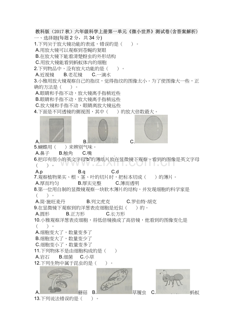 教科版(2017秋)六年级科学上册第一单元《微小世界》测试卷(含答案解析).doc_第1页