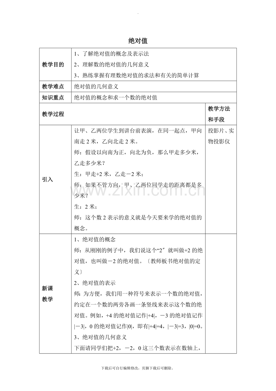 华师大版数学七年级上册教案4：2.4《绝对值》参考教案1.doc_第1页