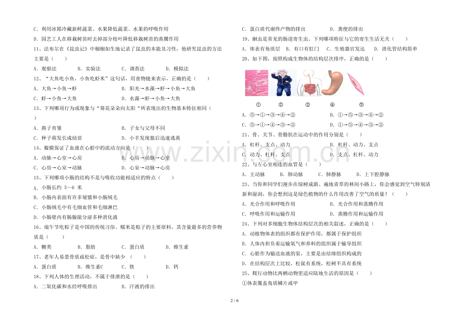 苏教版七年级《生物》上册期末考试卷(附答案).doc_第2页