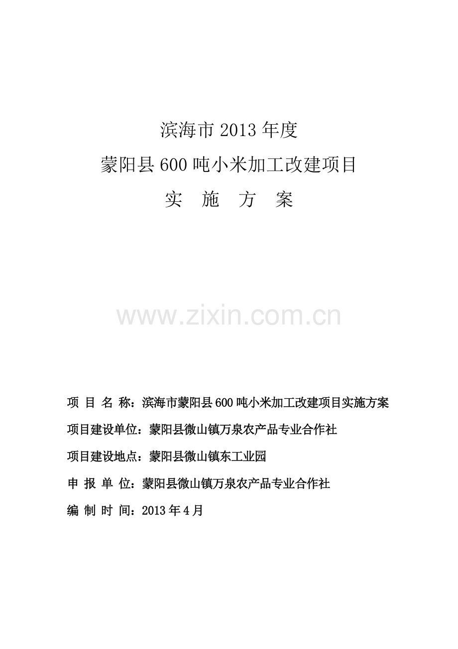 毕业设计-滨海市蒙阳县600吨小米加工改建项目立项实施方案.doc_第1页