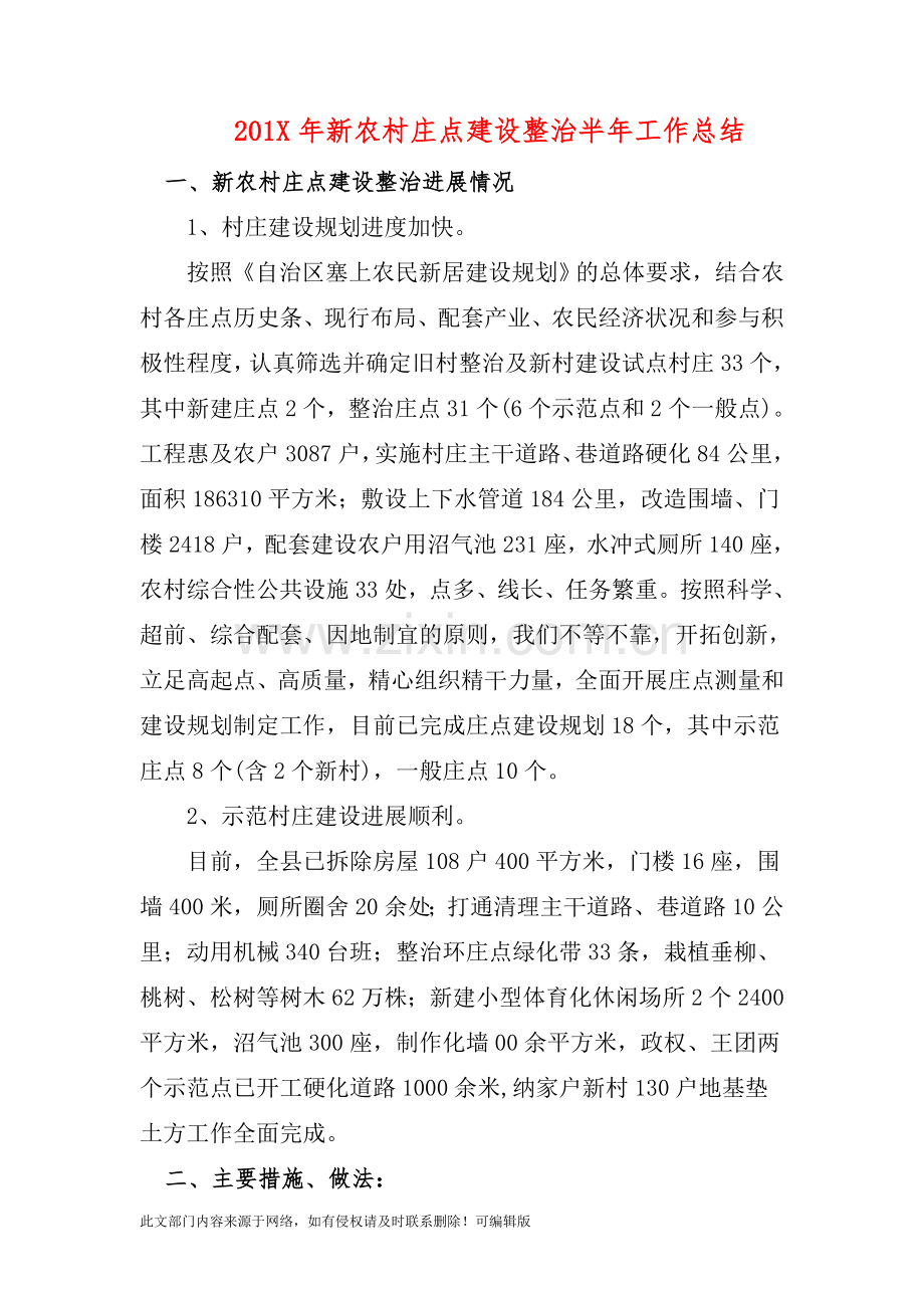 201X年新农村庄点建设整治半年工作总结.doc_第1页