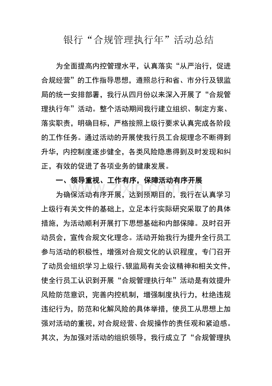 银行“合规管理执行年”活动总结.doc_第1页