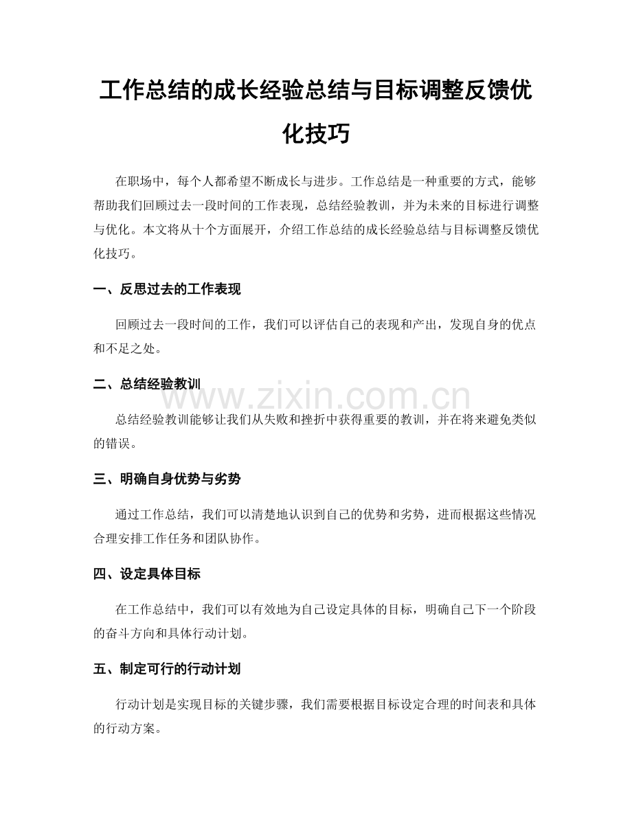 工作总结的成长经验总结与目标调整反馈优化技巧.docx_第1页