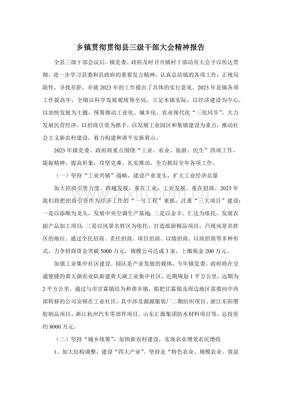 2023年乡镇贯彻落实县三级干部大会精神汇报.docx_第1页