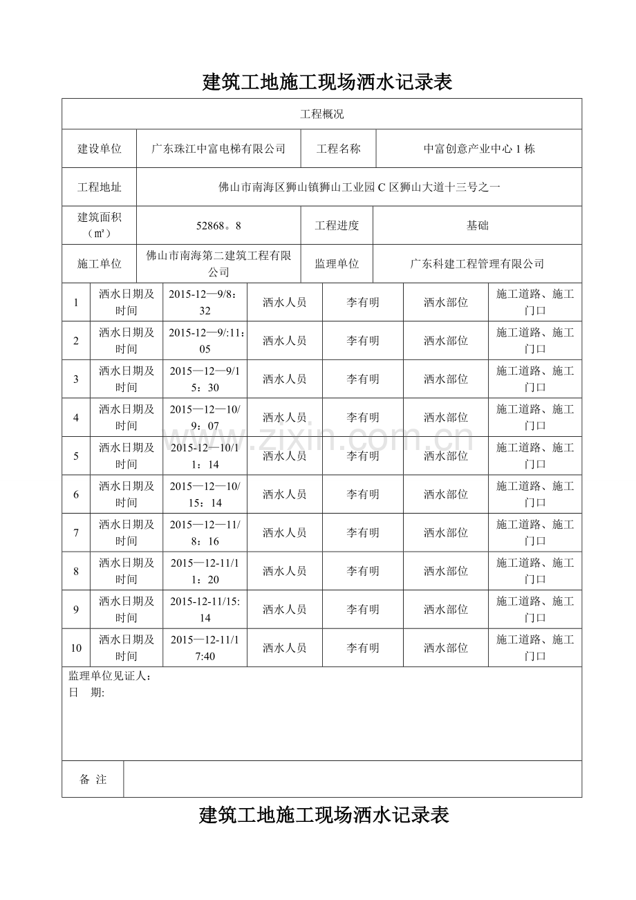 建筑工地施工现场洒水记录表资料.doc_第1页