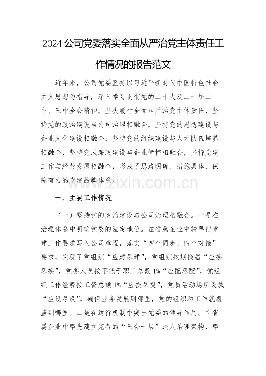 2024公司党委落实全面从严治党主体责任工作情况的报告范文.docx_第1页