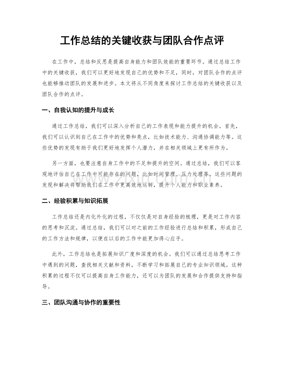 工作总结的关键收获与团队合作点评.docx_第1页