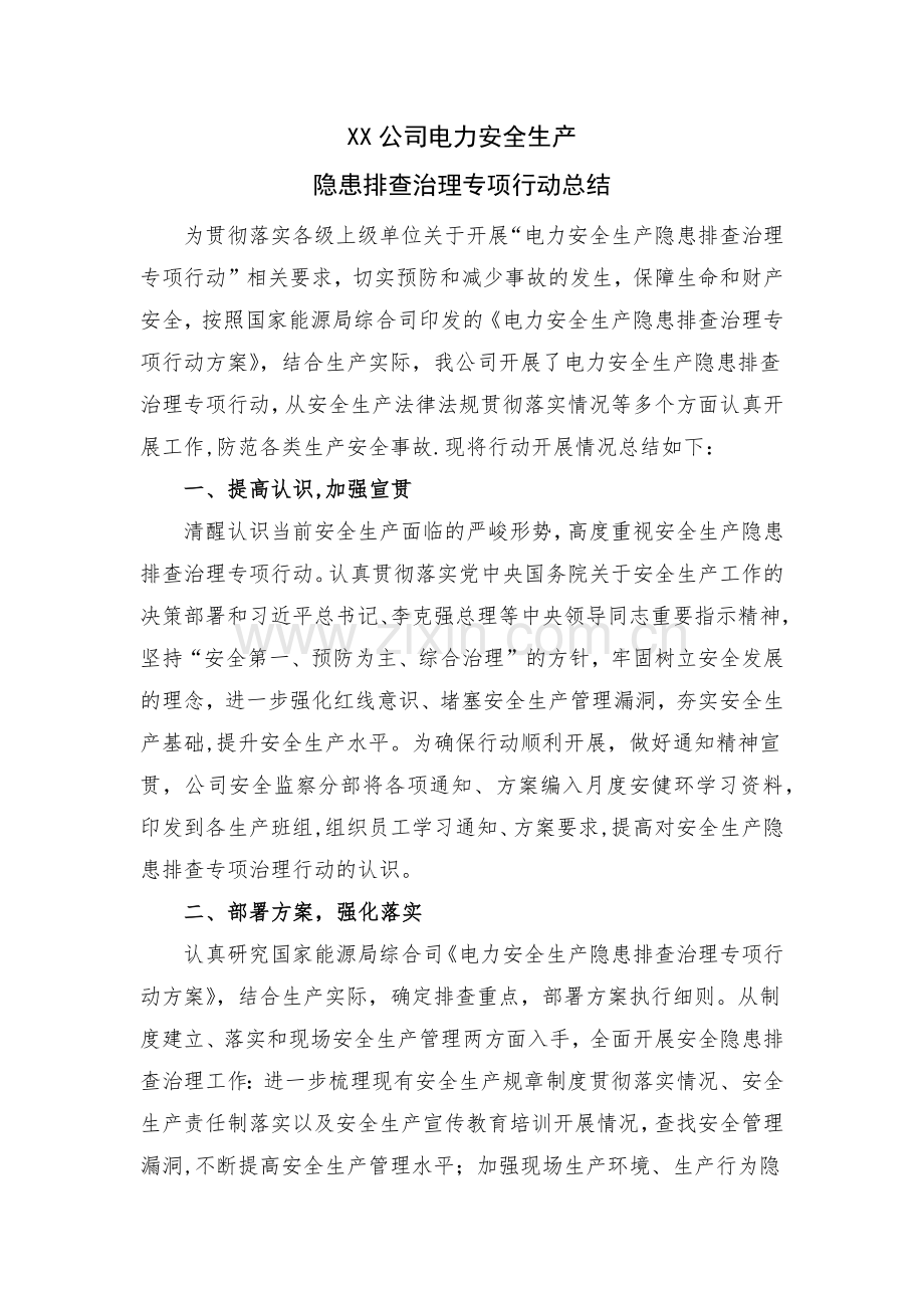 XX公司电力安全生产隐患排查治理专项行动总结.doc_第1页