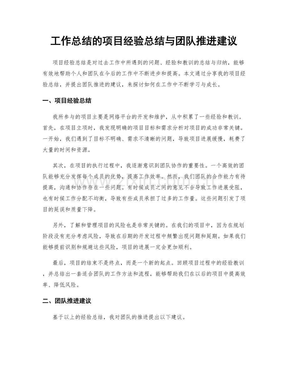 工作总结的项目经验总结与团队推进建议.docx_第1页