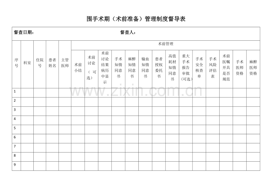 围手术期(术前准备)管理制度督导表.doc_第1页