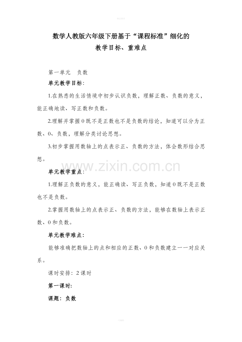 人教版数学六年级下册教学目标重难点82226.doc_第1页