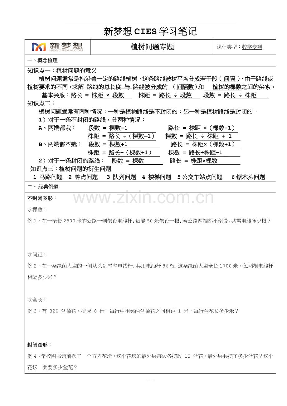 小学五年级植树问题学习笔记.docx_第1页