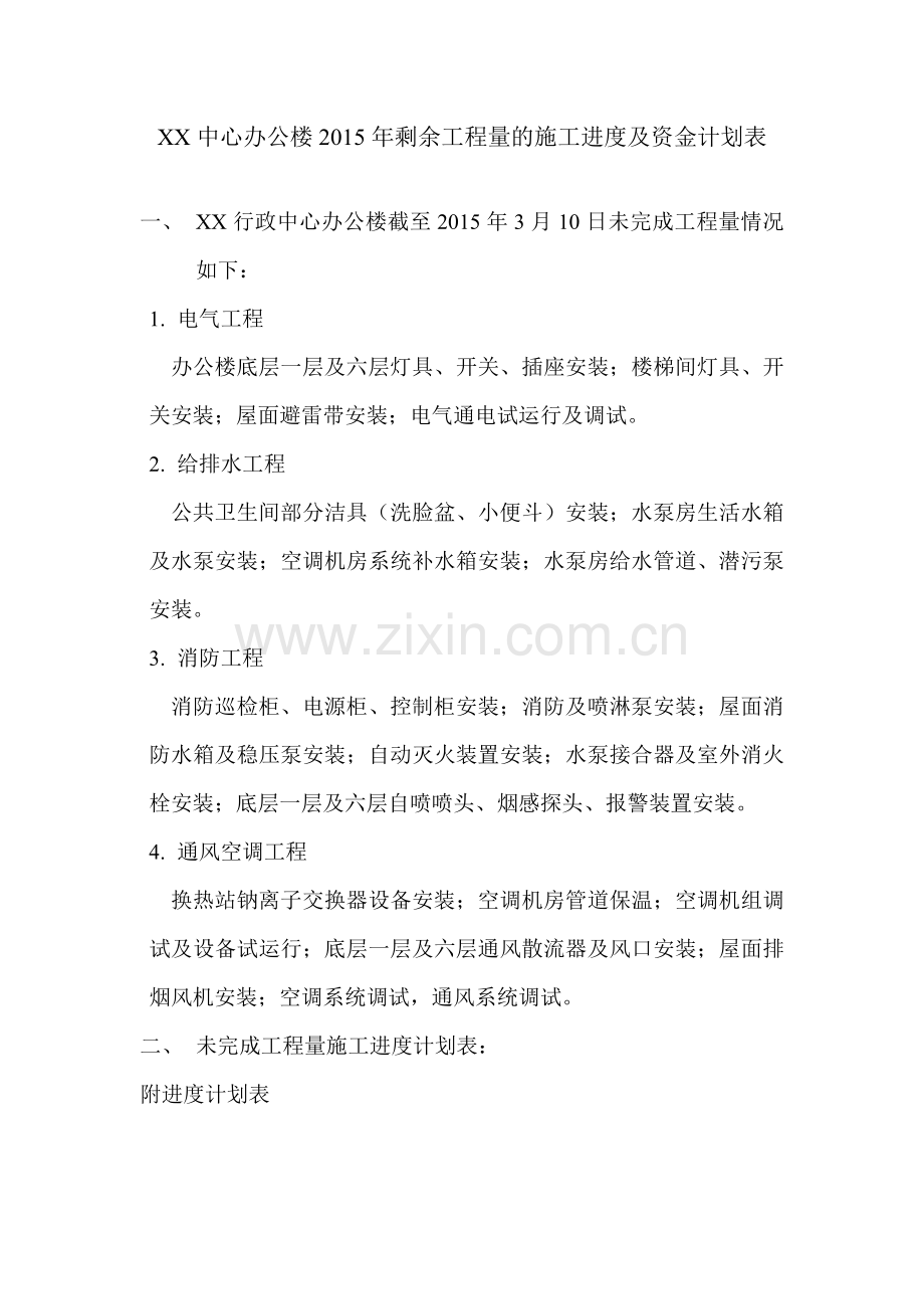 安装工程剩余工程量及进度表、资金计划、情况说明.doc_第1页