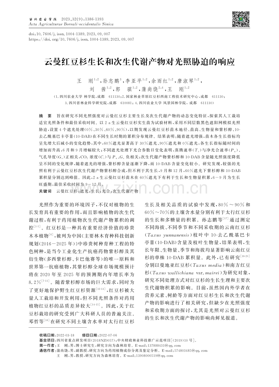云曼红豆杉生长和次生代谢产物对光照胁迫的响应.pdf_第1页