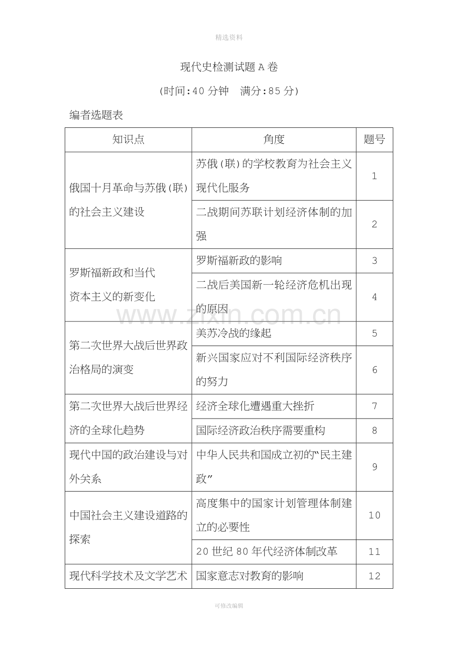 高三历史二轮复习通史版检测试题之现代史检测试题A卷.doc_第1页