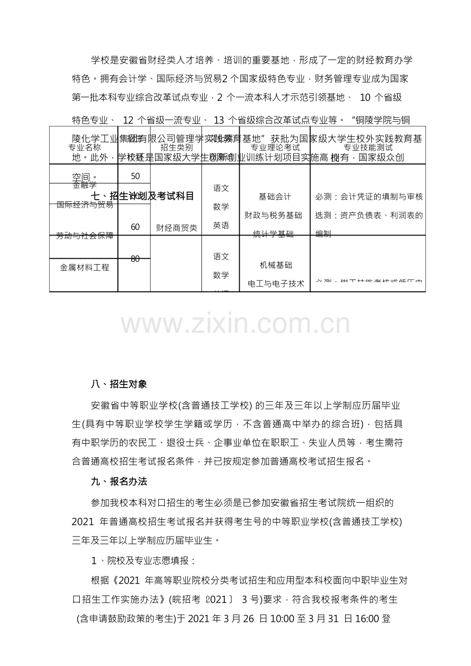 铜陵学院 2021 年面向中职毕业生对口招生章程.docx_第2页