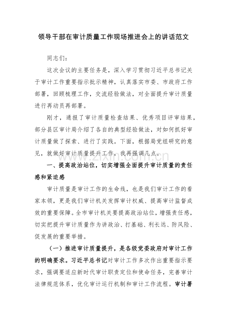 领导干部在审计质量工作现场推进会上的讲话范文.docx_第1页