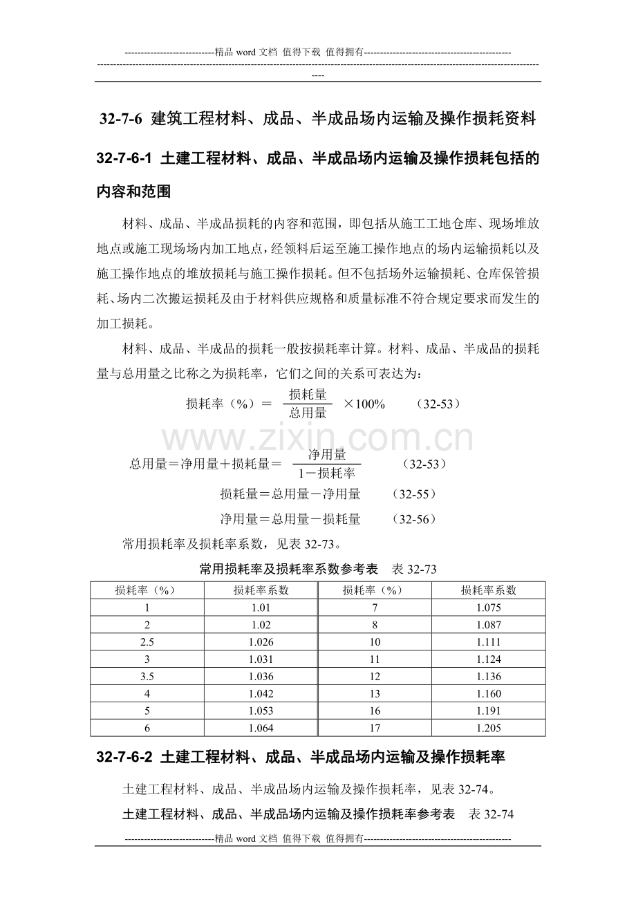 施工手册(第四版)第三十二章建筑工程造价32-7-6-建筑工程材料、成品、半成品场内运输及操作损耗资料.doc_第1页