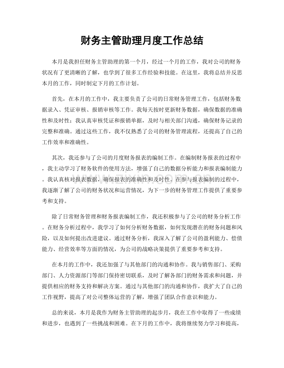 财务主管助理月度工作总结.docx_第1页