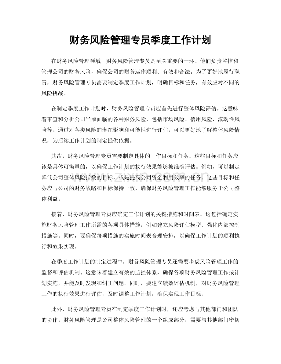 财务风险管理专员季度工作计划.docx_第1页
