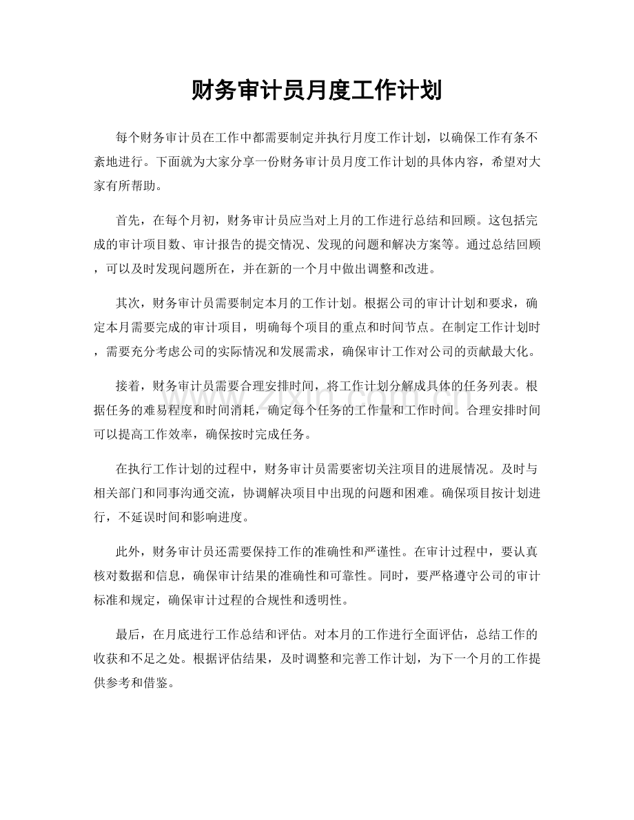财务审计员月度工作计划.docx_第1页