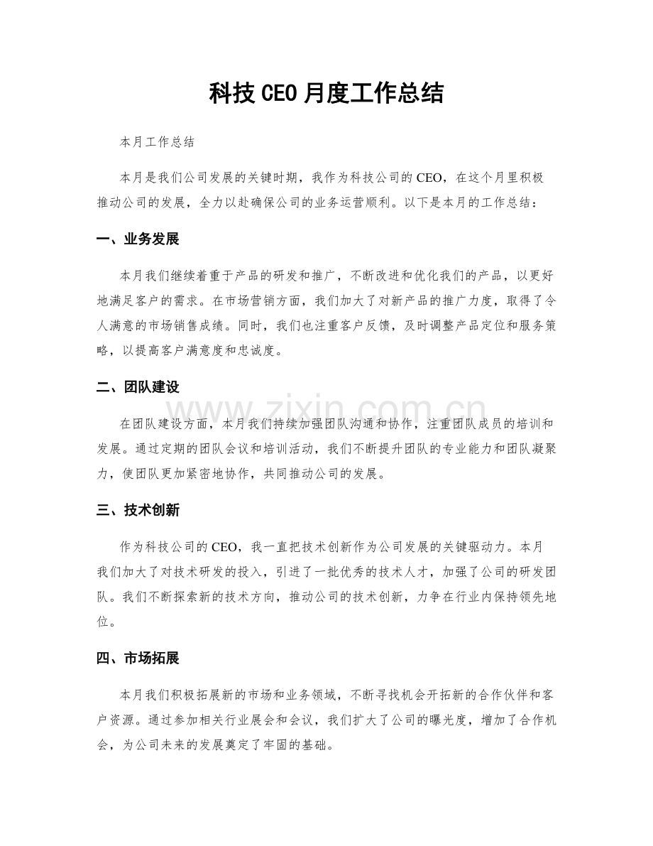科技CEO月度工作总结.docx_第1页