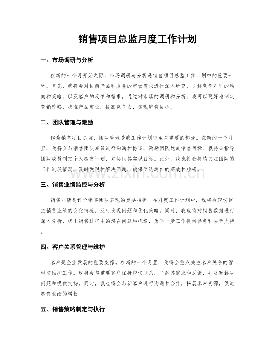 销售项目总监月度工作计划.docx_第1页