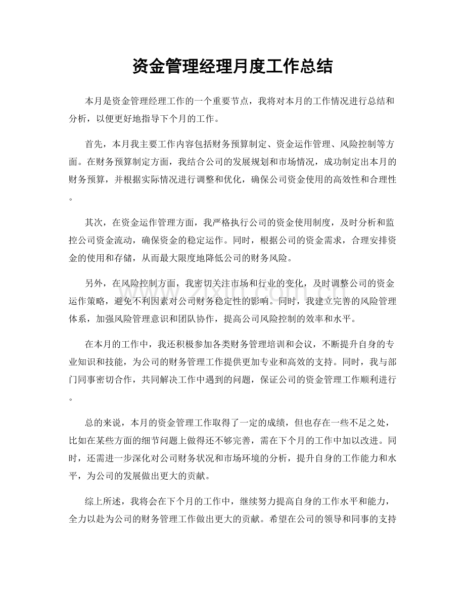 资金管理经理月度工作总结.docx_第1页