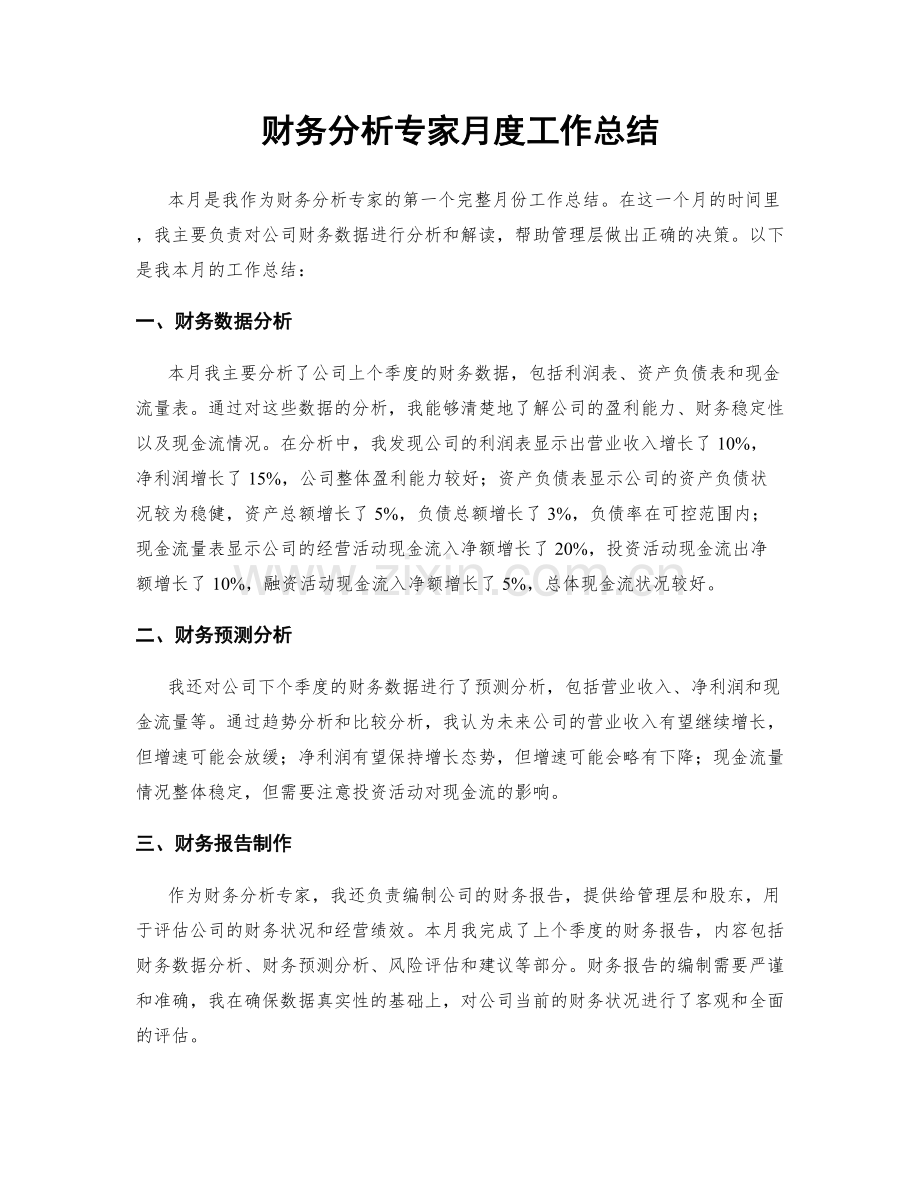财务分析专家月度工作总结.docx_第1页