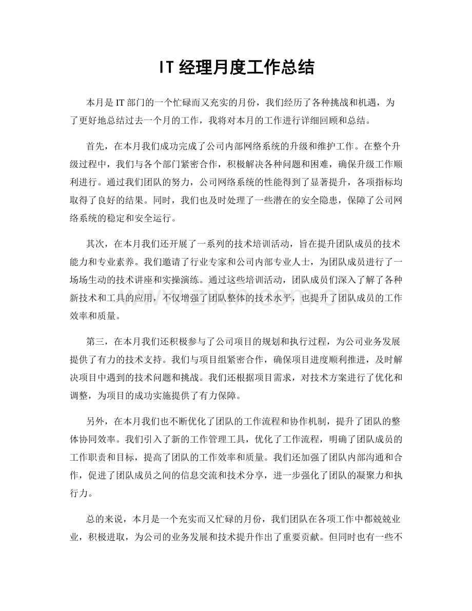 IT经理月度工作总结.docx_第1页