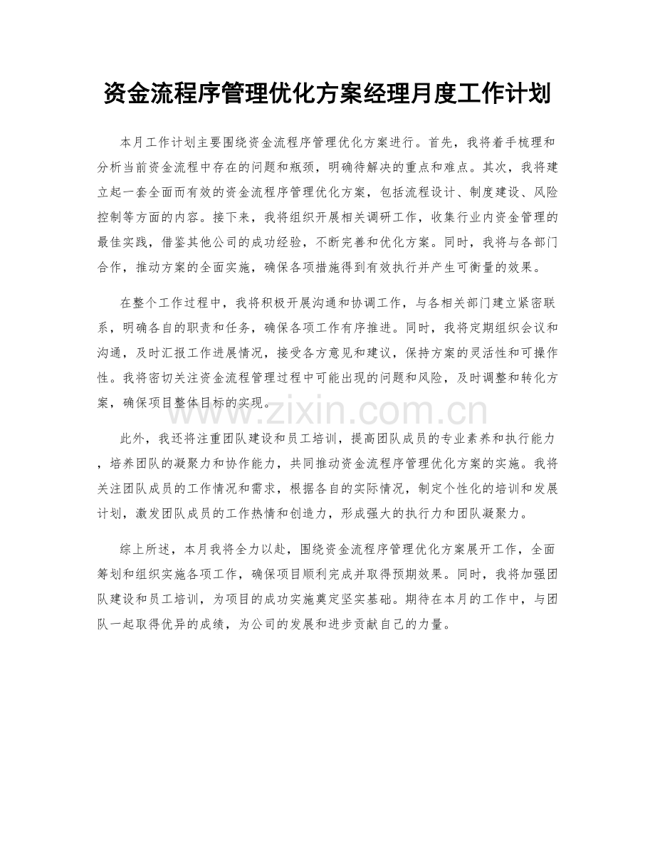 资金流程序管理优化方案经理月度工作计划.docx_第1页