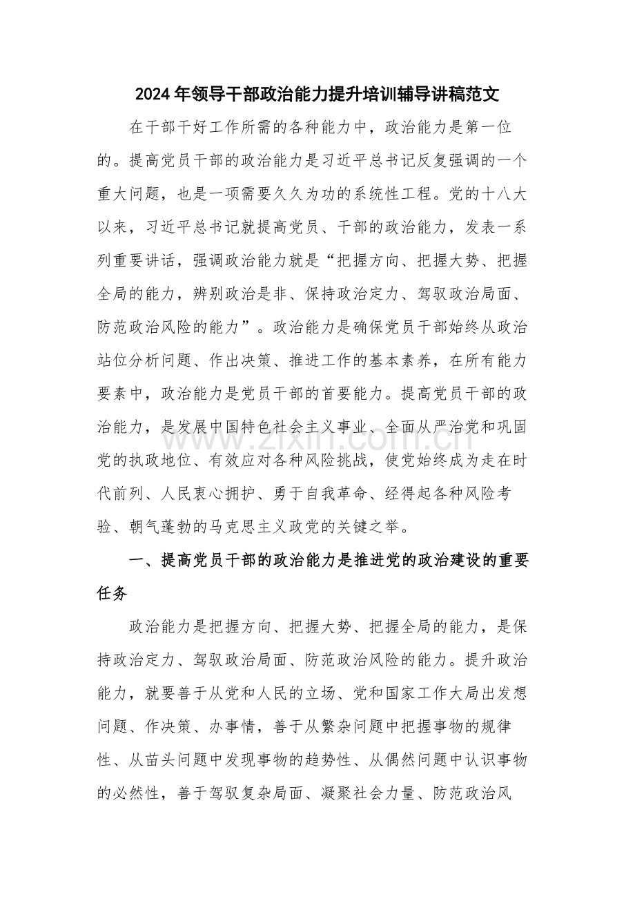 2024年领导干部政治能力提升培训辅导讲稿范文.docx_第1页