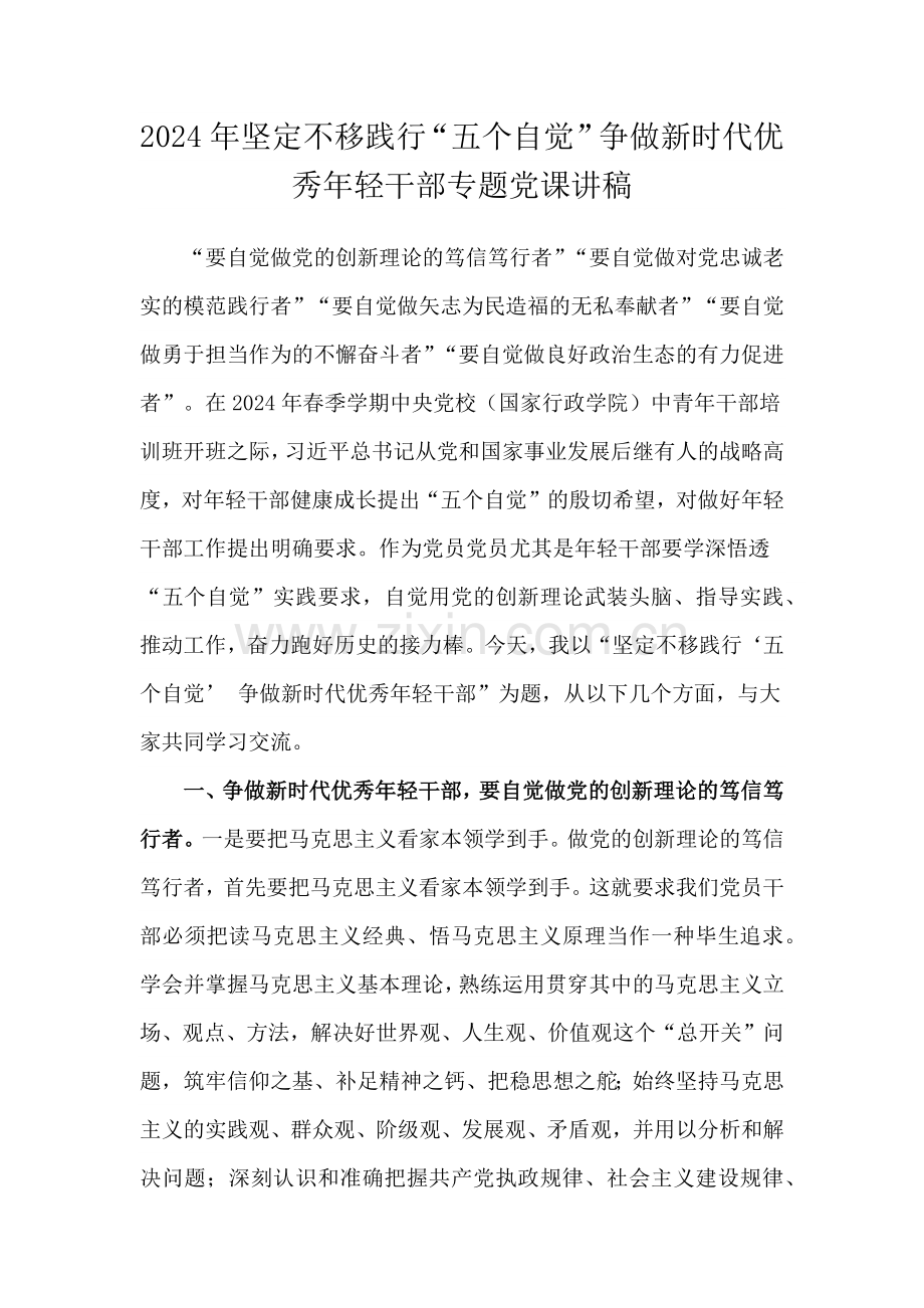 2024年坚定不移践行“五个自觉”争做新时代优秀年轻干部专题党课讲稿.docx_第1页
